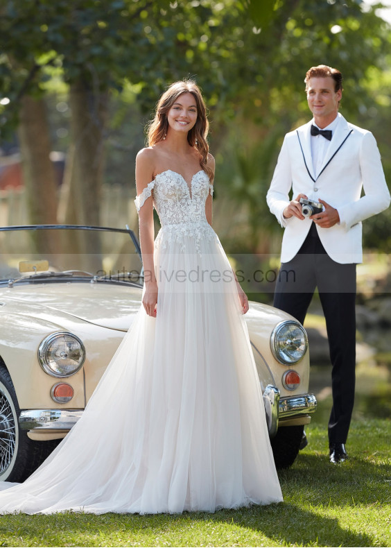 Off Shoulder Ivory Lace Tulle Romantic Wedding Dress